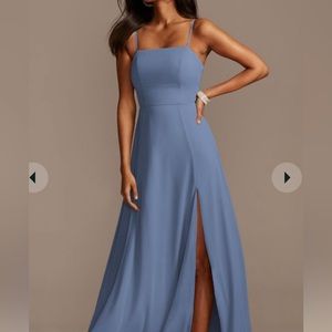 spaghetti strap chiffon bridesmaid dress with slit: steel blue